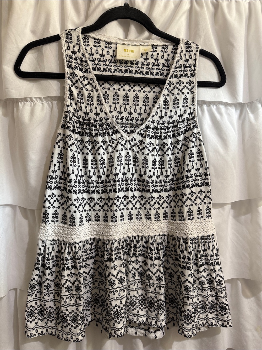 Maeve White Tank Top with Black Embroidered Pattern